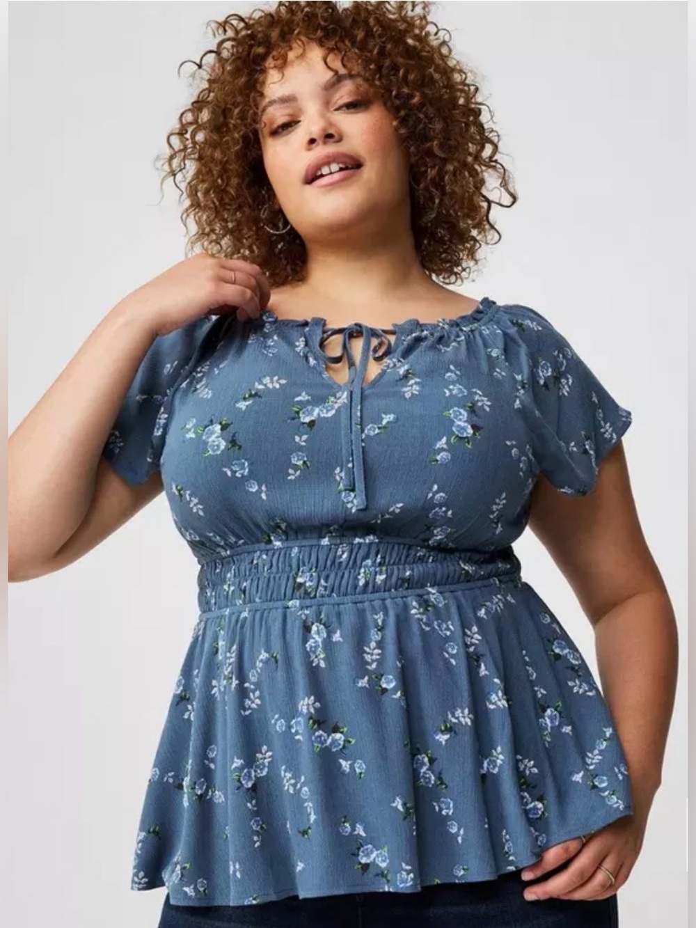 NWT Torrid Babydoll Washable Gauze Short Sleeve Top Size 00 M/L Blue Floral